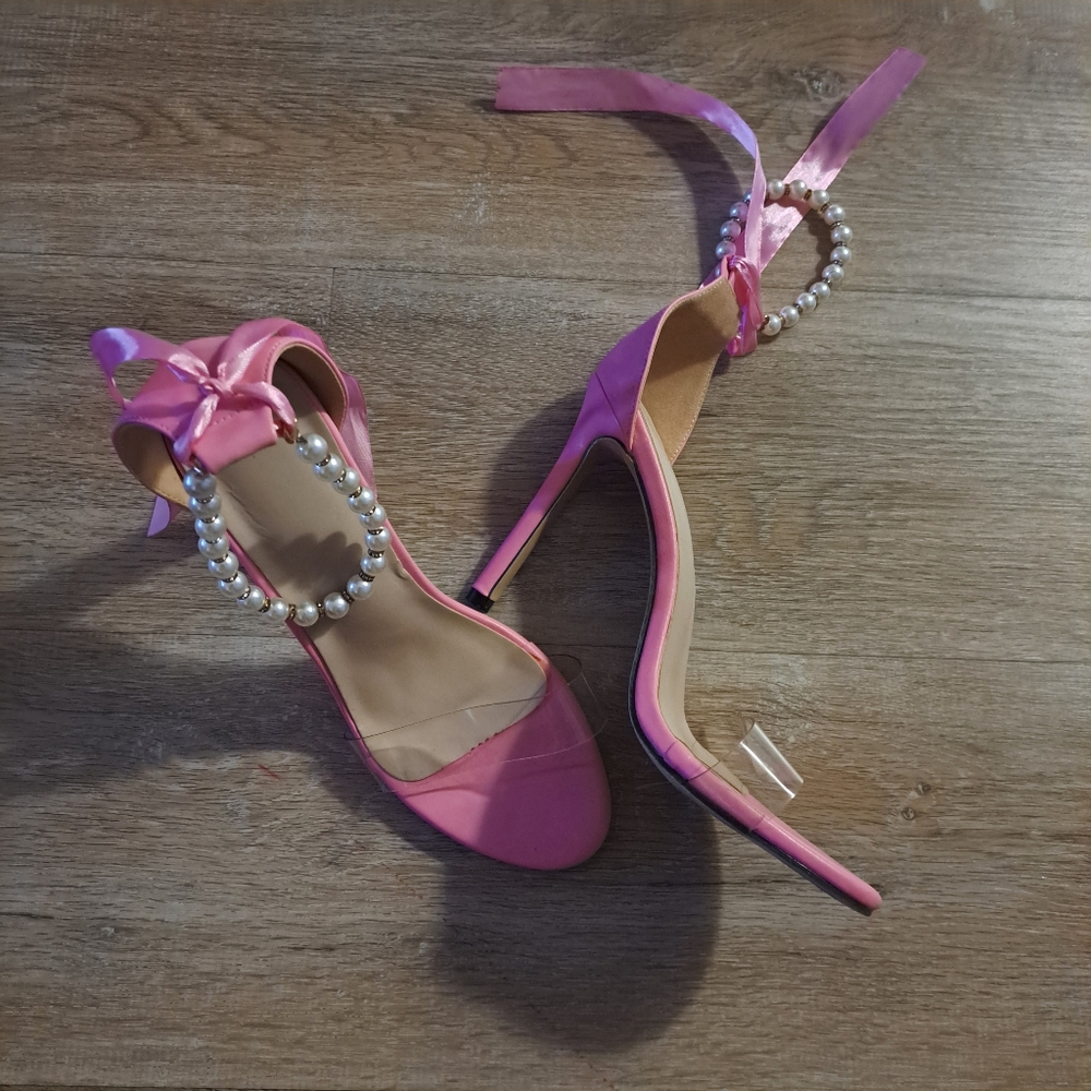 Elegant Pink Heels Pearls with Bow Ankle & Clear Front Straps Women's Size 42